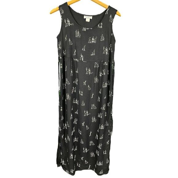 Dan Howard Black Maxi Dress Women Size Small Vintage Stick Family Print Tie Back - Picture 2 of 12